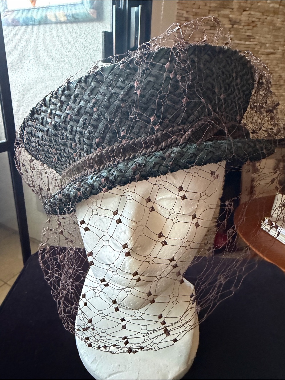 Vintage-Inspired from 1980 dark green Straw Fascinator Hat with Veil